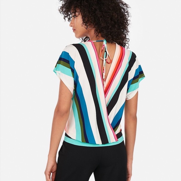 Express Striped Surplice Tie Neck V-Neck Dolman Banded Wrap Drapey Top Blouse S - Picture 1 of 10
